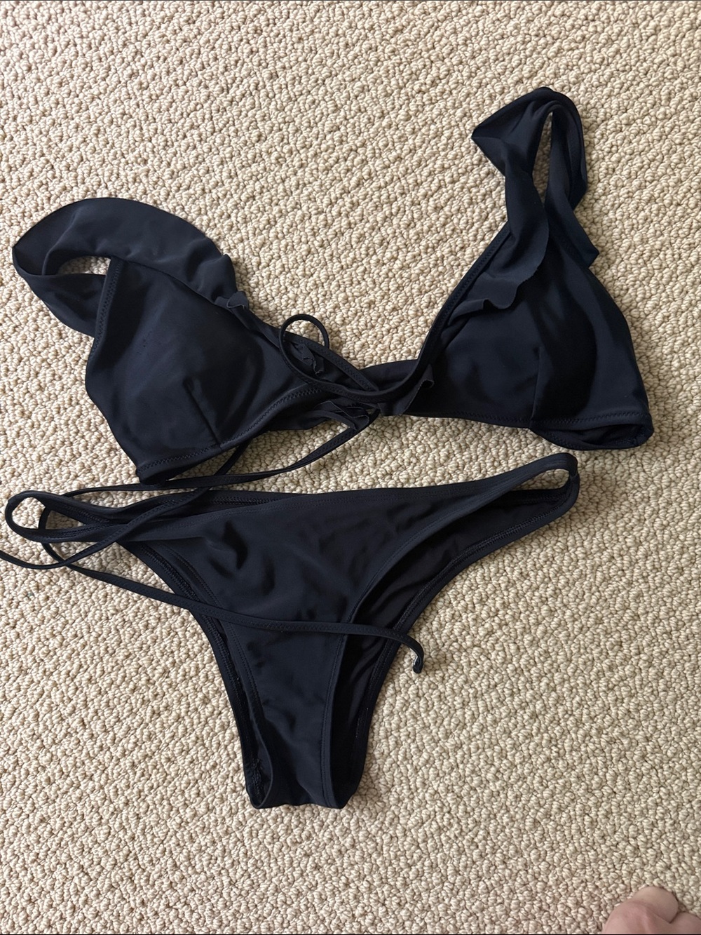 aerie Black Ruffle Strap Tie Bikini Two-Piece